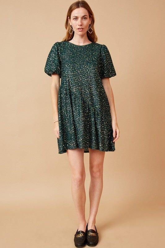 Women's Sequined Asymmetric Hem Puff Sleeve Dress Hayden Los Angeles 