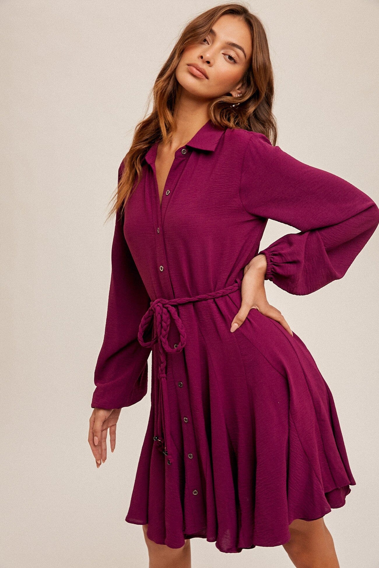 WOVEN FLOUNCED HEM BELTED SHIRT DRESS Hem & Thread 