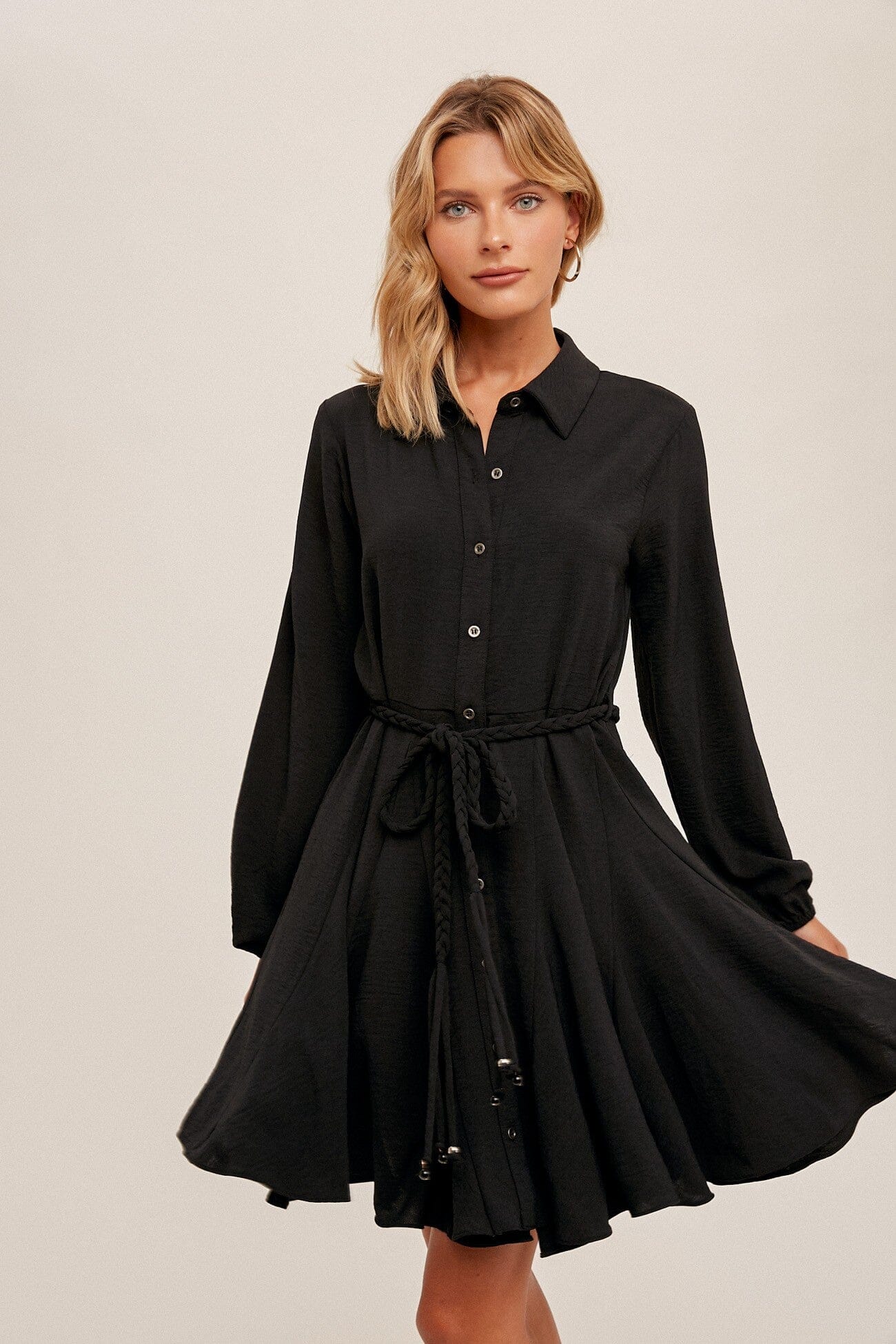WOVEN FLOUNCED HEM BELTED SHIRT DRESS Hem & Thread 