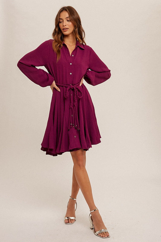 WOVEN FLOUNCED HEM BELTED SHIRT DRESS Hem & Thread 