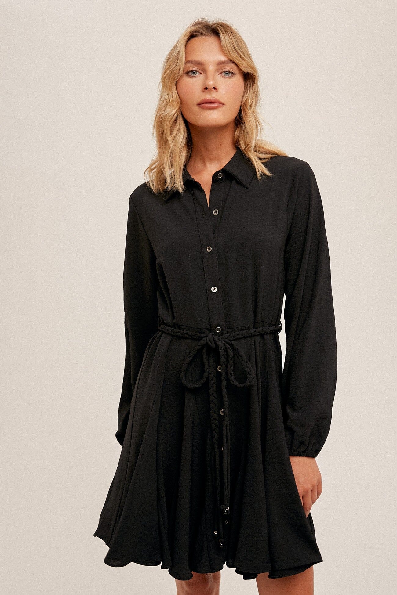 WOVEN FLOUNCED HEM BELTED SHIRT DRESS Hem & Thread 