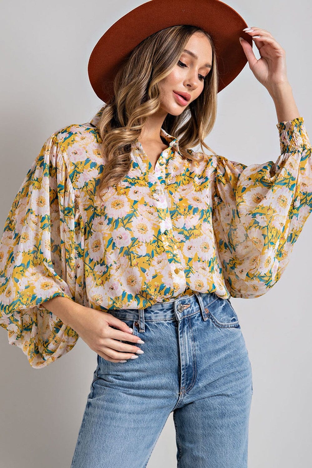 Yellow Floral Print Blouse Eesome 