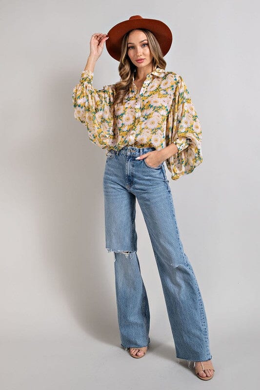 Yellow Floral Print Blouse Eesome 