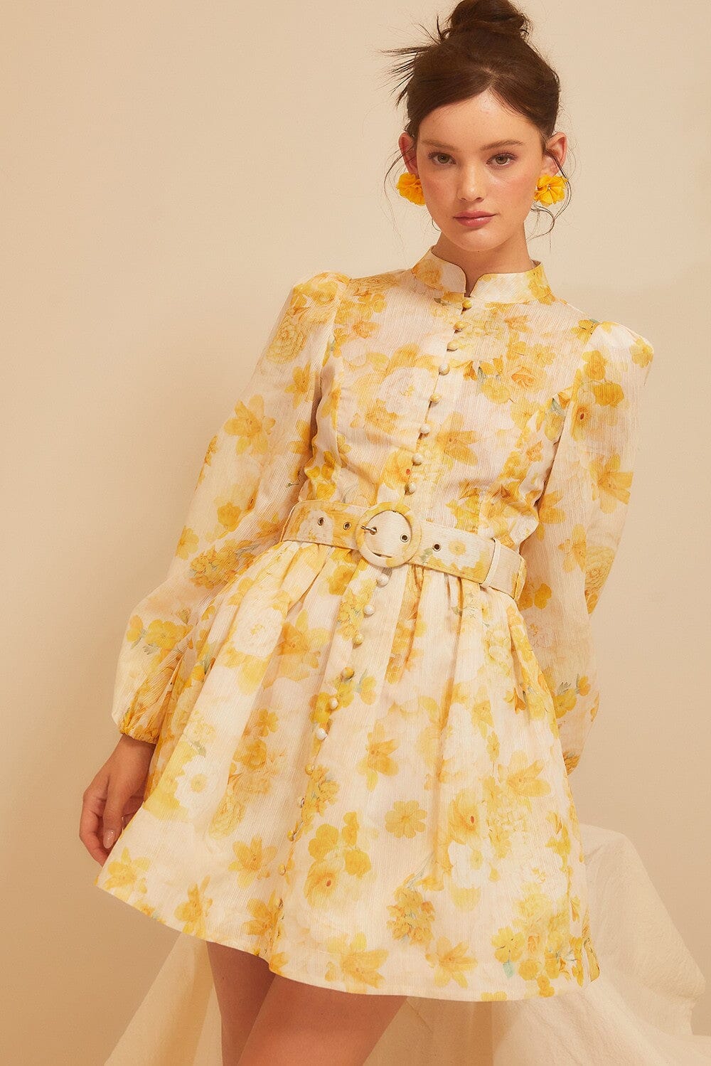 Yellow Floral Print Dress w/ Belt Main Strip 