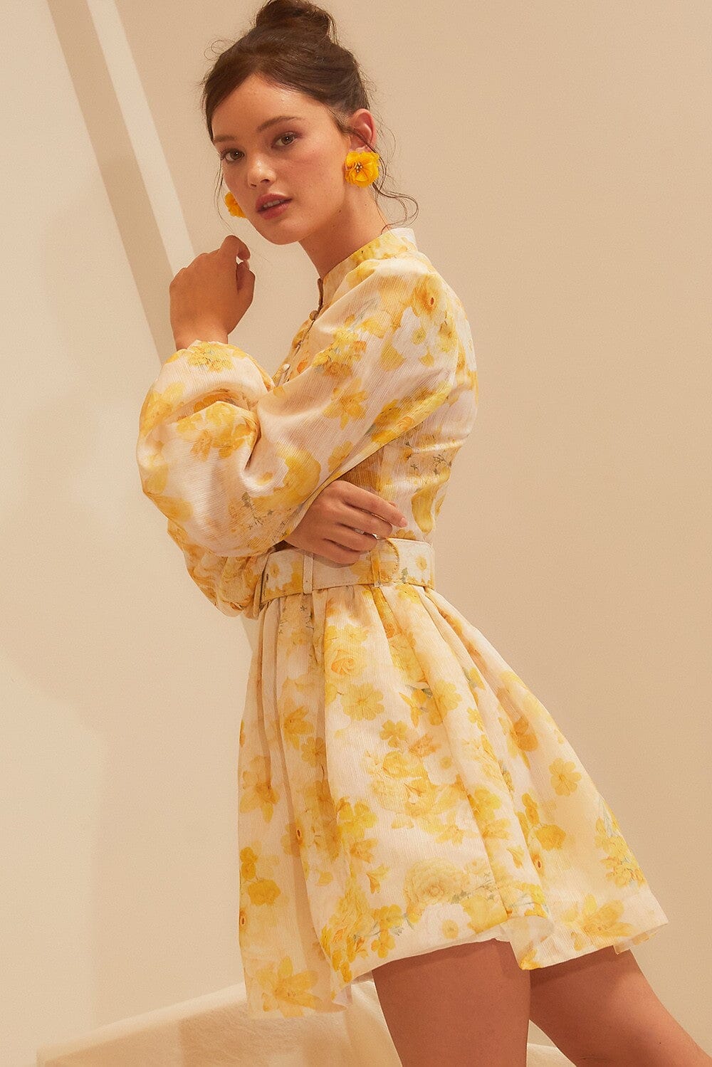 Yellow Floral Print Dress w/ Belt Main Strip 