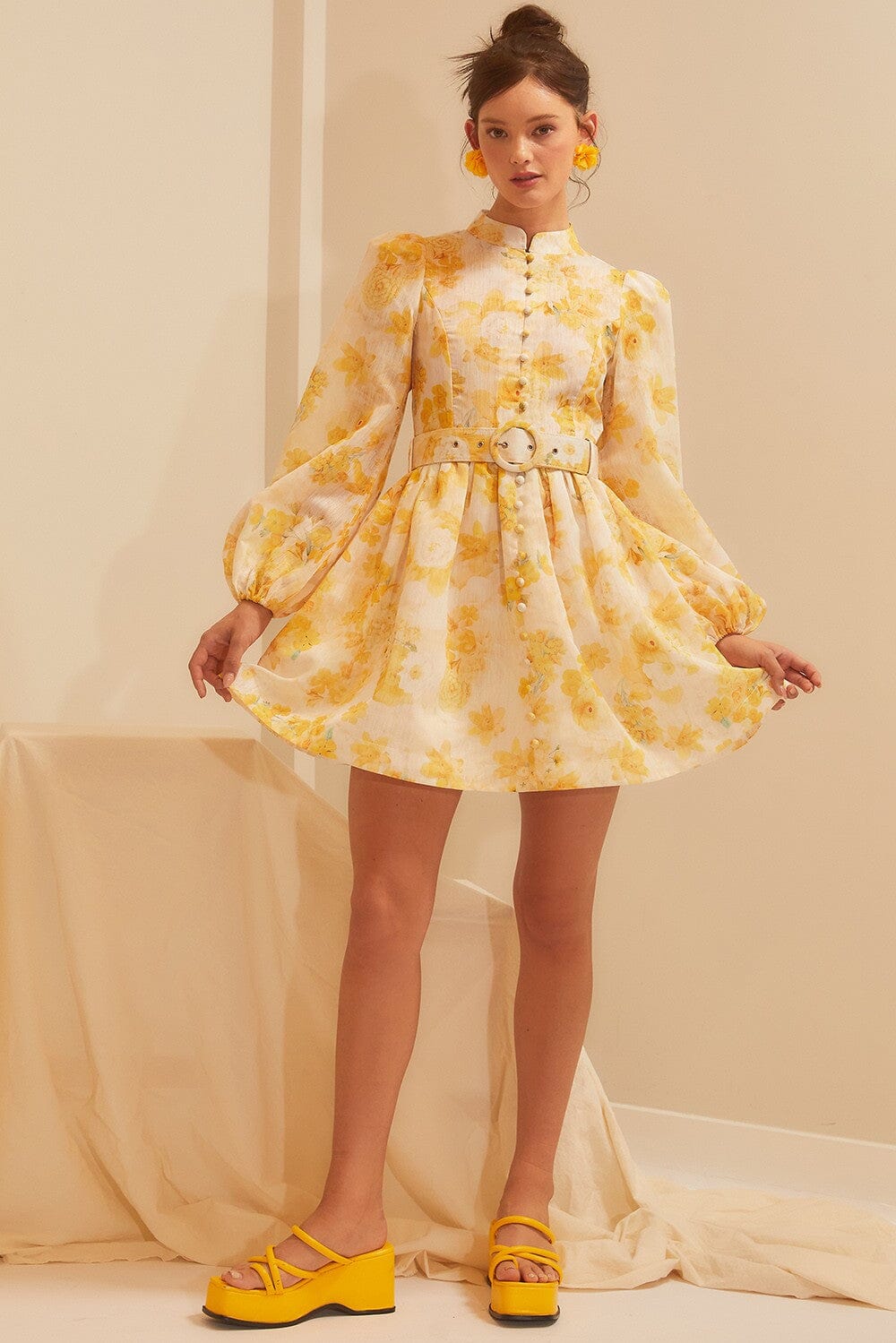 Yellow Floral Print Dress w/ Belt Main Strip 